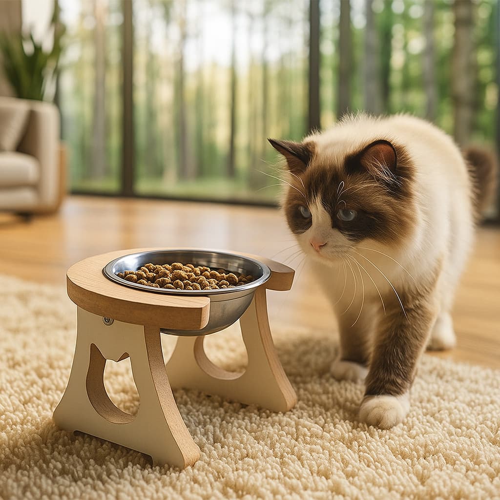 COMEDOURO ELEVADO PARA GATOS COM TIGELA INOX ERGONÔMICO