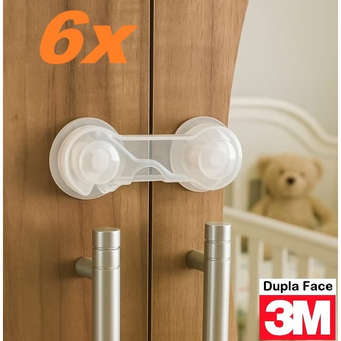 6 Travas Porta Gaveta Geladeira Transparente Bebê Fita 3M -