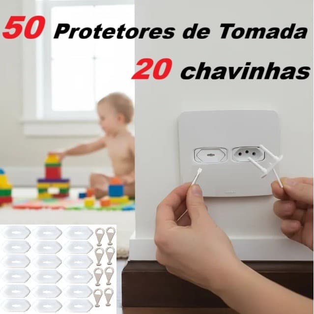 Kit 50 Protetores de Tomada com 20 Chaves Proteção Bebê Segurança Choque