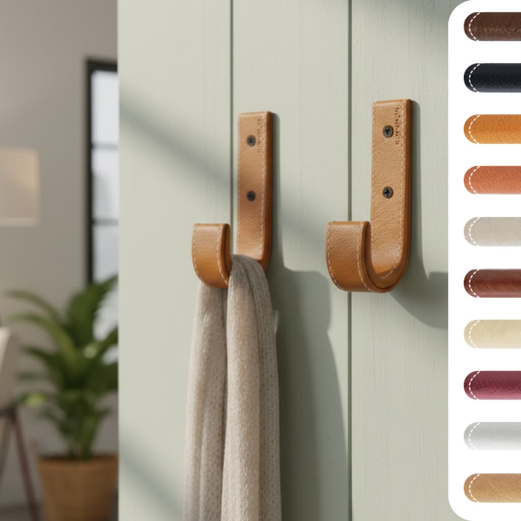 02 Cabideiro Gancho Jota de Parede - Metal Textura de Couro Organizador Pendurador Suporte Banheiro