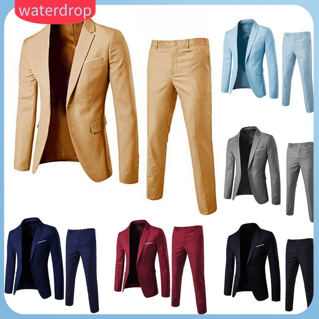 [waterdrop] 1 Conjunto Masculino Blazer Calças Cor Sólida Manga Longa Fino Ajuste Turndown Colarinho Temperamento Um Bot