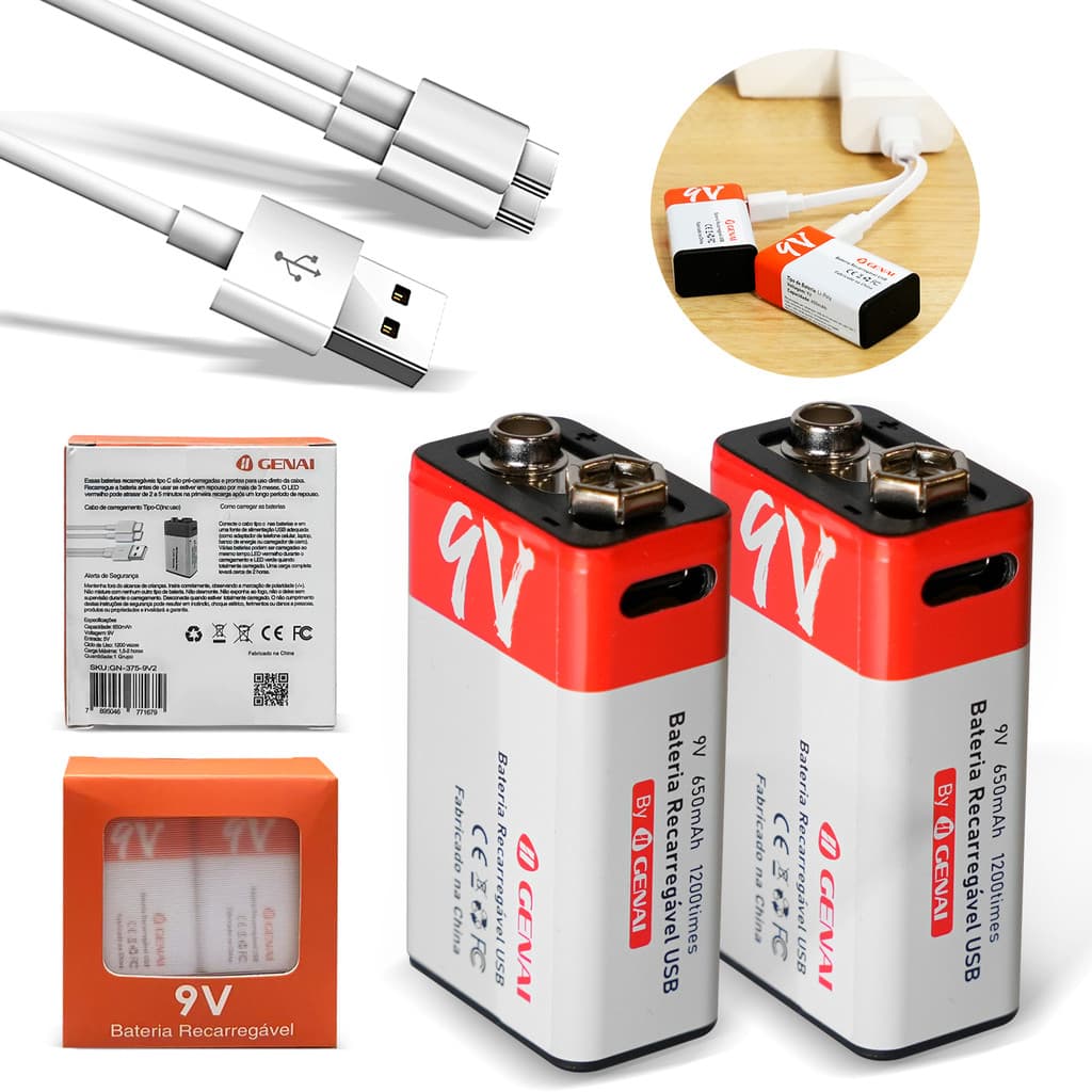 Kit 1/Kit 2/Kit 4 Baterias 9V/1.5V Recarregáveis 650mAh + Carregador IIgenai - 1200 Ciclos, Carga Rápida 2h
