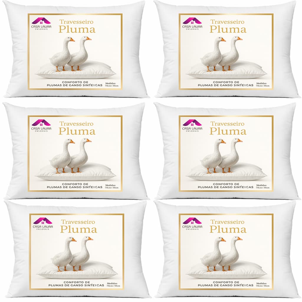 Kit 6 Travesseiros Pluma de Ganso Descanso Antiácaros 70x50cm Sintético