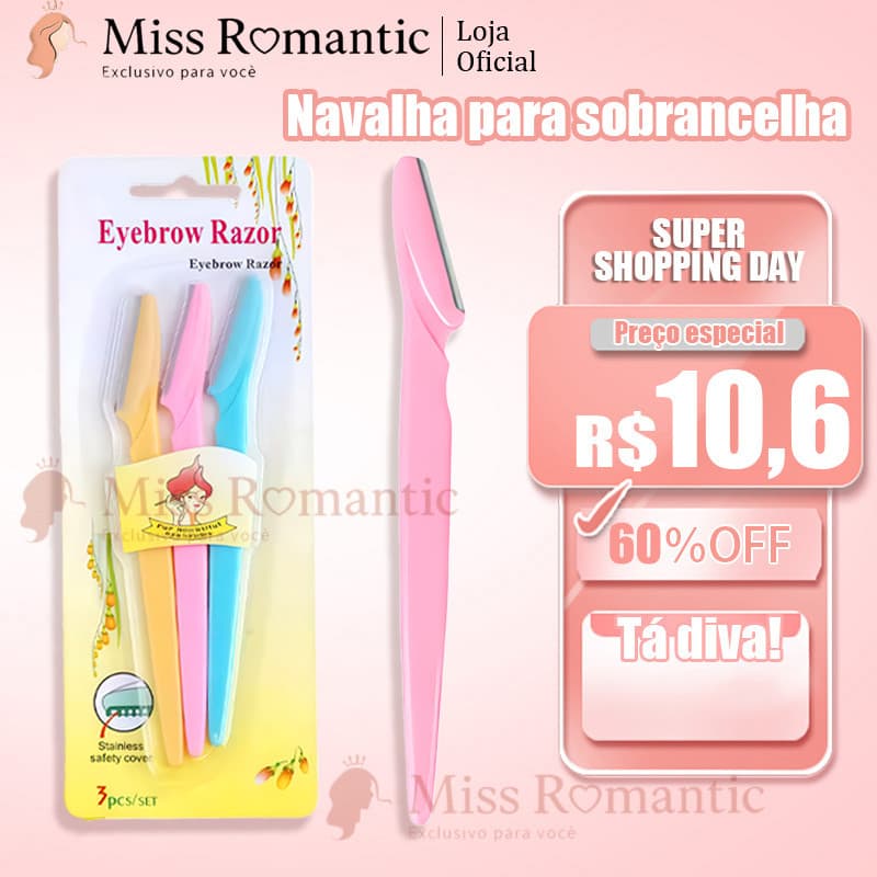 Aparador de Sobrancelha 3 Unidades – Lâmina de Aço Inox com Tampa Protetora