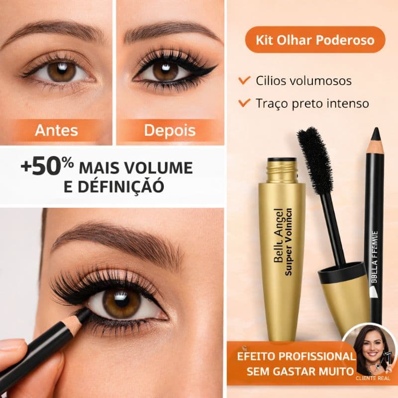 Kit Olhar Poderoso Máscara de Cílios Volume Belle Angel + Lápis Preto/Marrom Universal  Intenso Longa Duração