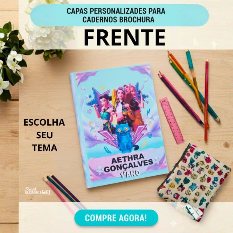 Capa de Caderno Adesivo Brochura Personalizada Escolar | Nome da Criança | Tema Infantil