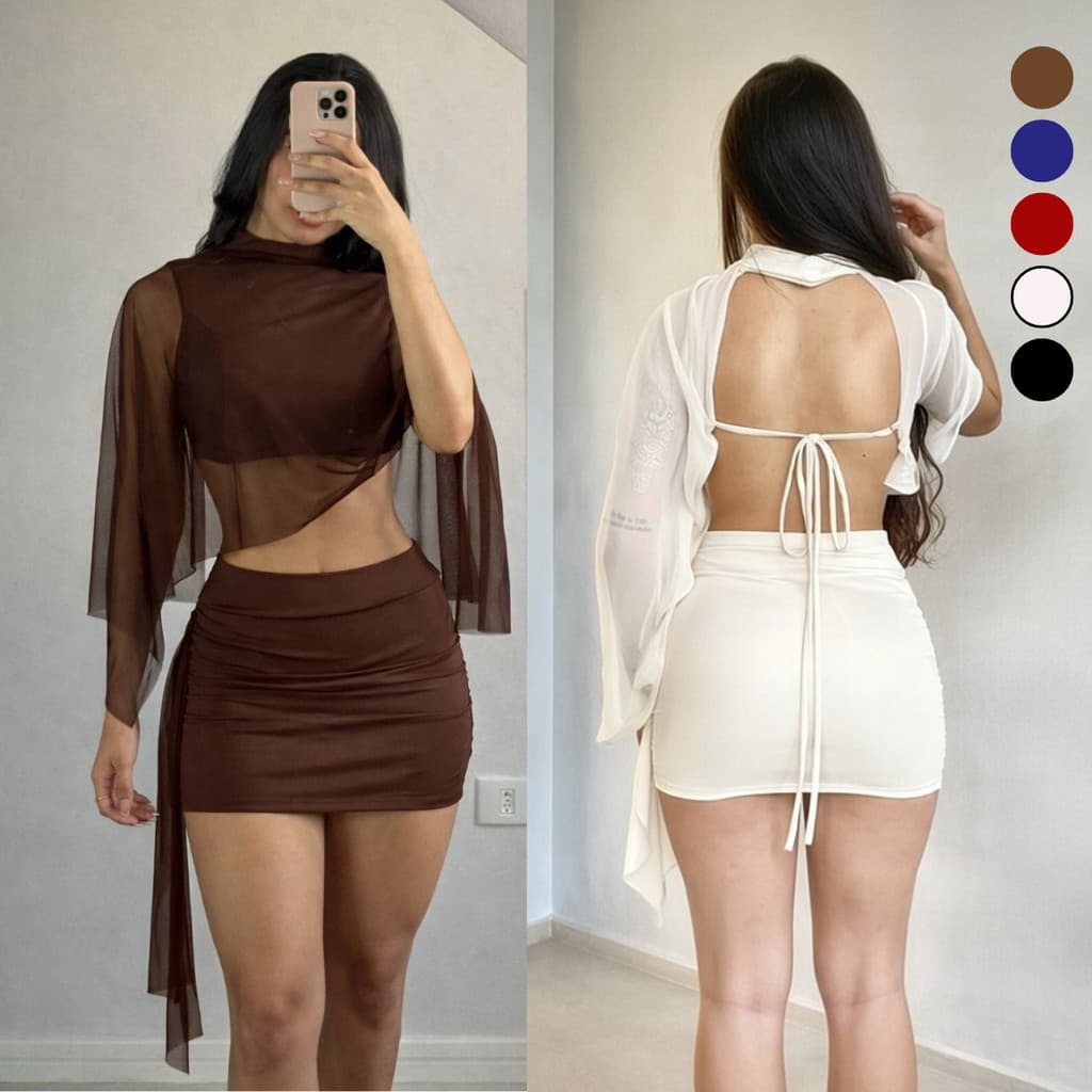 Conjunto Feminino Top E Saia Com Tule Manga Longa Moda Gringa Suplex