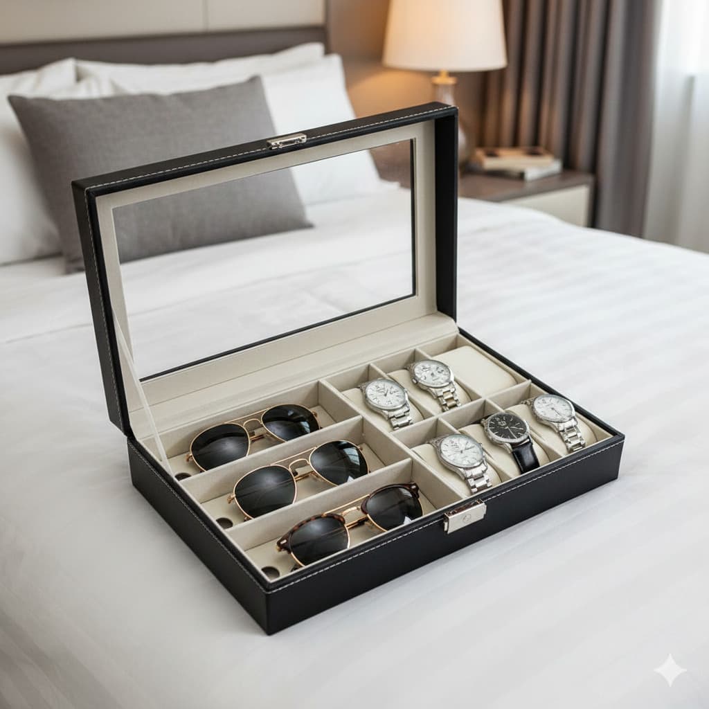 Caixa Estojo Organizador Relogios Joias Luxo Expositor Tampa Vidro Premium