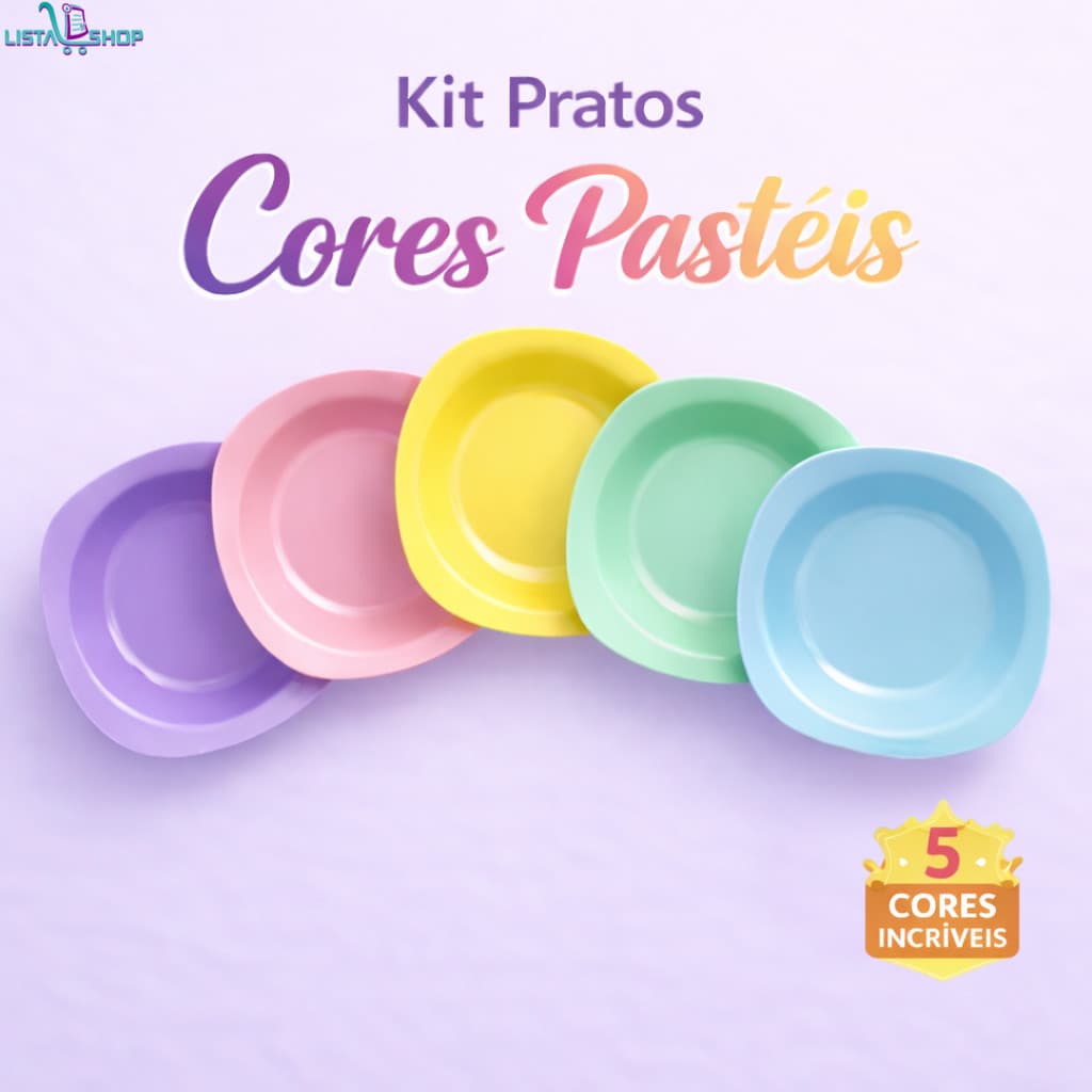Kit Pratos Fundo Plástico Tons Pastéis Reutilizáveis 5 Cores Infantil Eventos Uso Diário