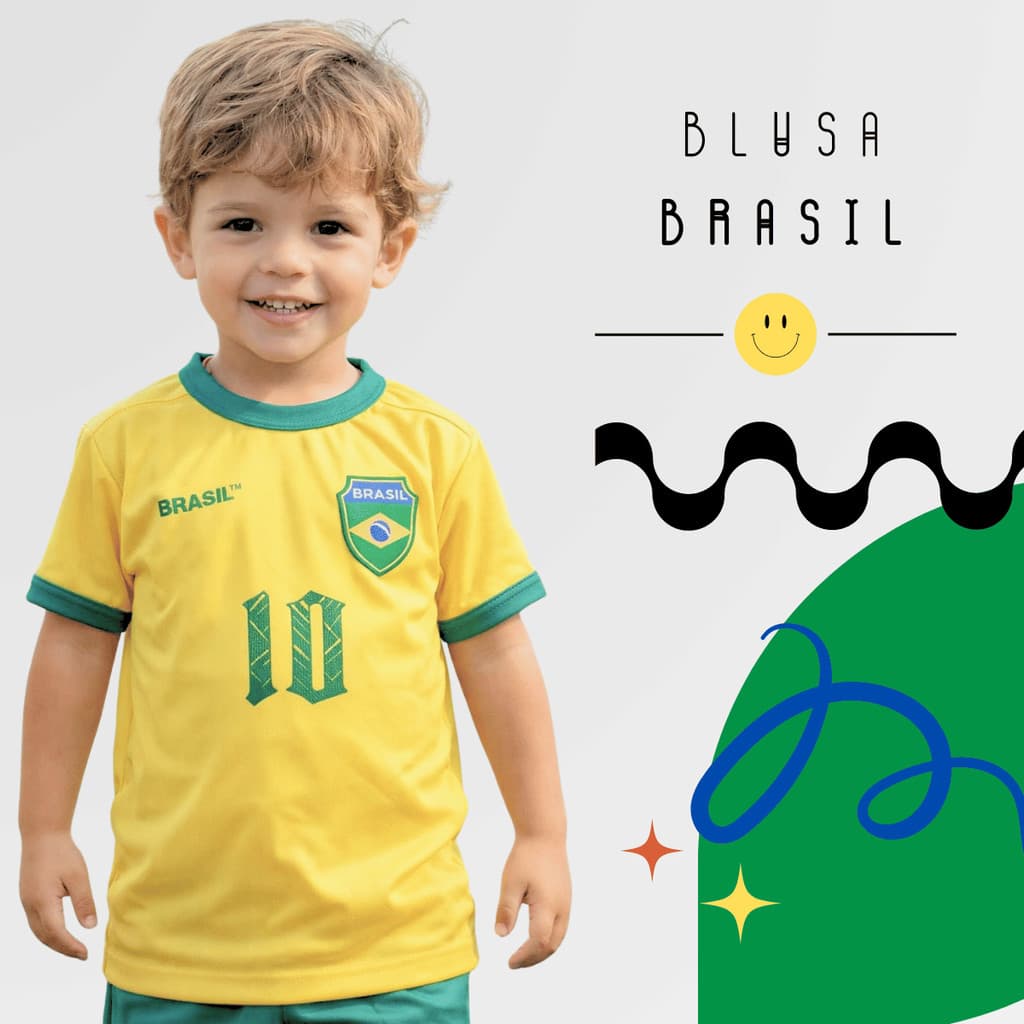Camiseta Infantil Brasil Unissex Amarela Verde Nº10 Blusa Seleção Torcedor Copa Futebol Premium