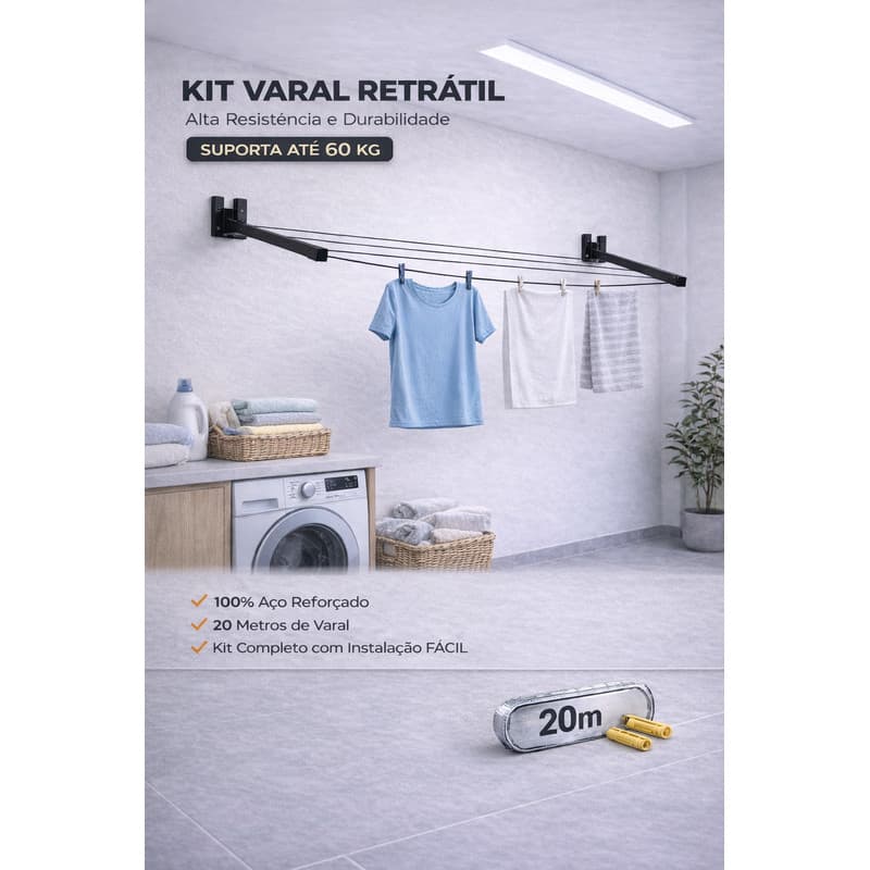 Varal De Roupa 60Kg Retrátil Parede Muro Apartamento Casa Até 4MT - PRETO - MODELO RETRATIL - FRIO VARIEDADES