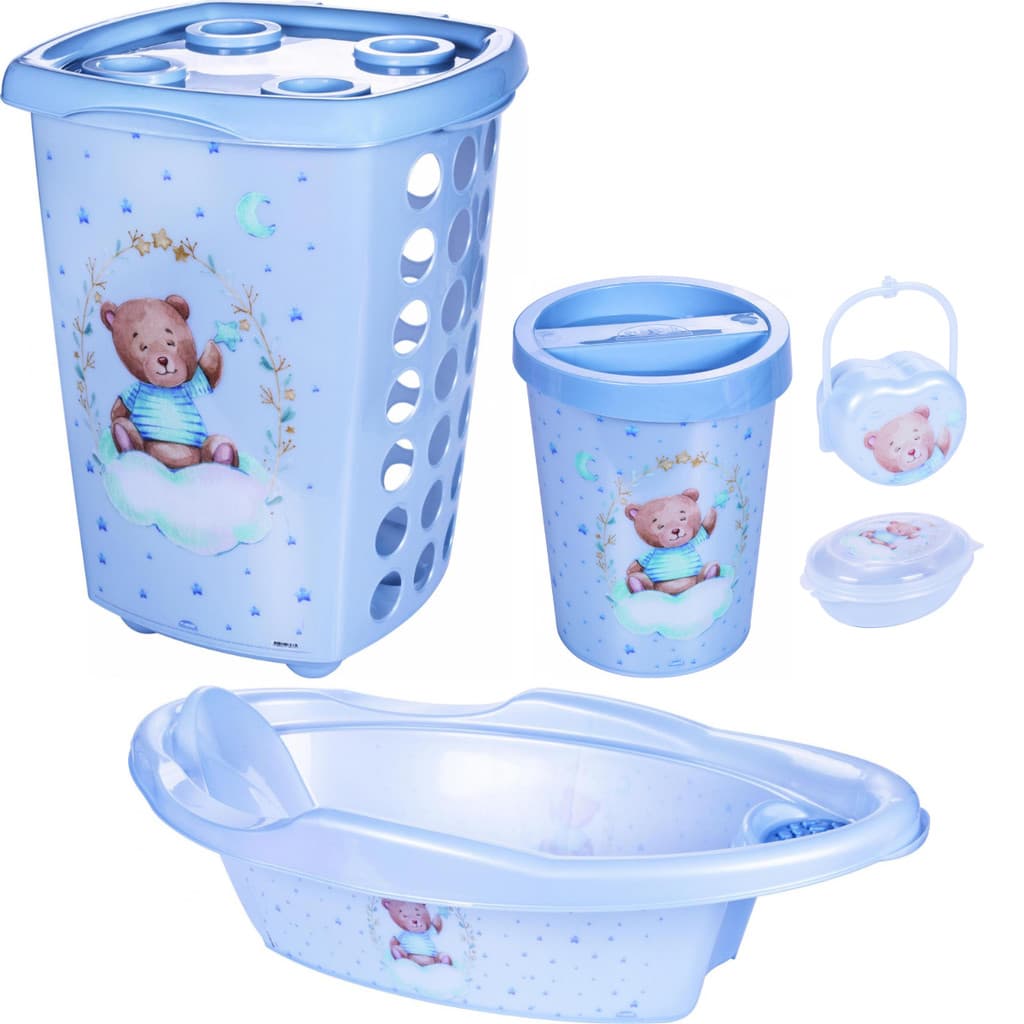 Kit Cesto de Roupa 38L, Banheira 21L, Lixeira 5,5L, Saboneteira e Porta Chupeta Para Bebês URSO AZUL