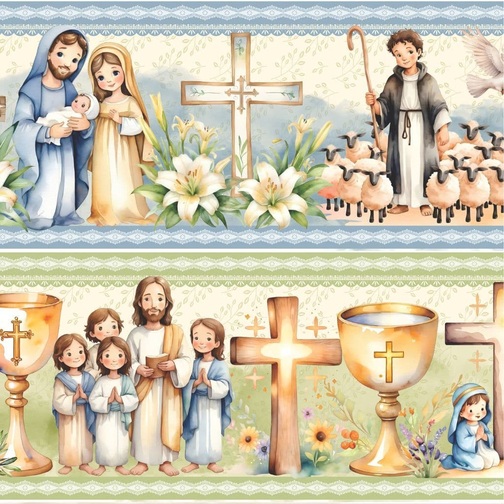 Tricoline Digital Algodão 100% Barrado Sagrada Família Toalha Pano de Prato Atêlie Bibi