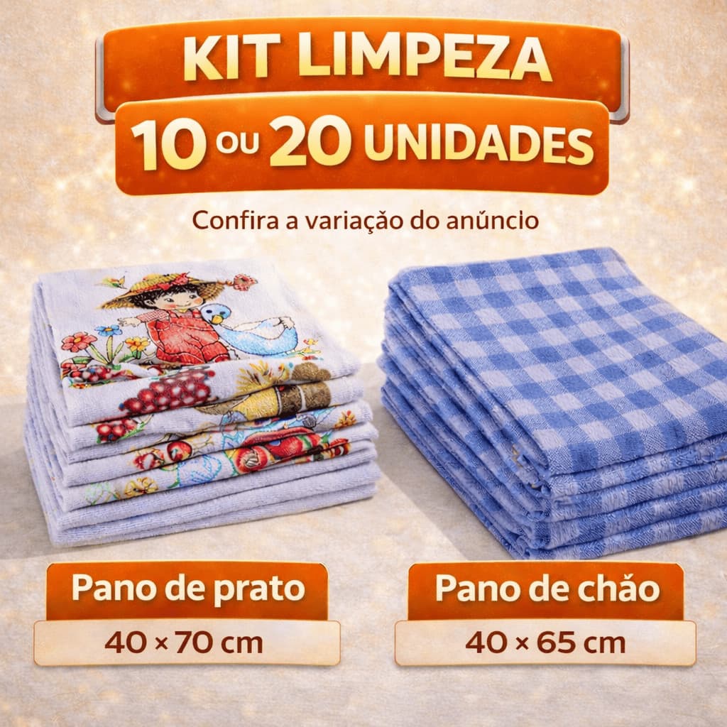 Kit Panos de Limpeza 10 ou 20 Unidades Pano de Chão e Prato Algodão 40x70 40x65