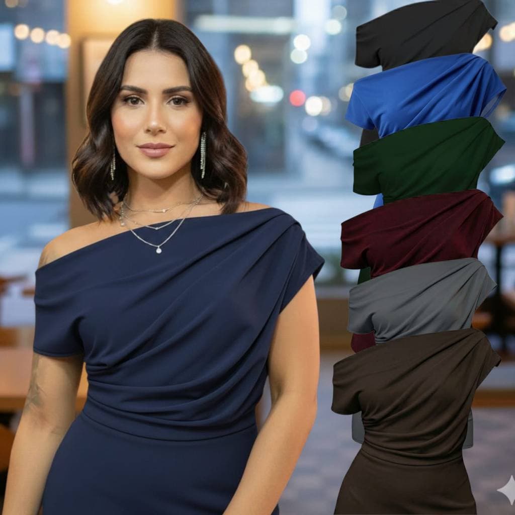 Blusa Feminina Suplex Estilosa Ombro a Ombro Assimétrica Manga Curta Elegante Casual