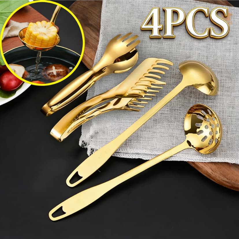 Talheres Kit 4 De Aço Inox Servindo Utensílios Pinça para pão, pinça para bife, colher de sopa Dourado Conjunto Colher