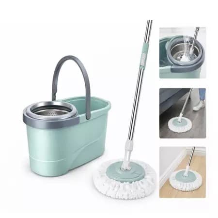 Mop desaguador automático giratório 360° Cabo aço Inox Cesto aço Inox com balde