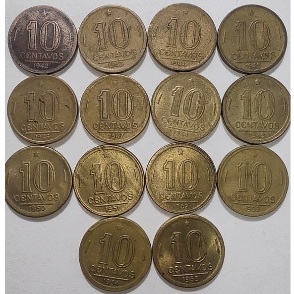 Moedas de 10 Centavos de 1942, 1943, 1944, 1945, 1946, 1947, 1948, 1949, 1950, 1951, 1952, 1953, 1954 e 1955