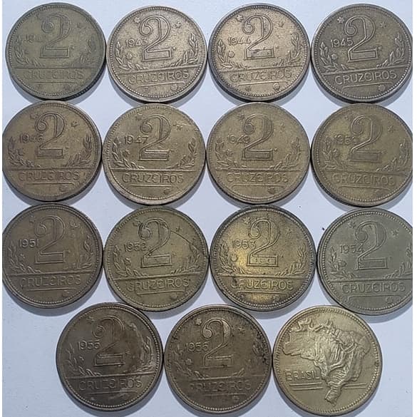 Moedas de 2 Cruzeiros de 1942, 1943, 1944, 1945, 1946, 1947, 1949, 1950, 1951, 1952, 1953, 1954, 1955 e 1956