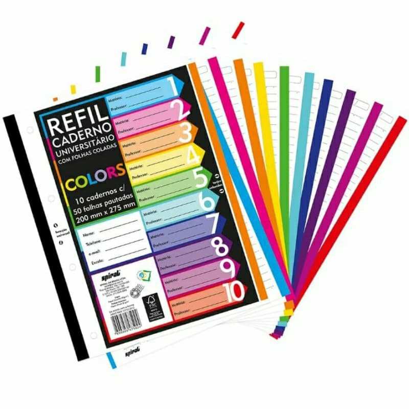Refil bloco de fichário universitário 500 folhas bordas coloridas