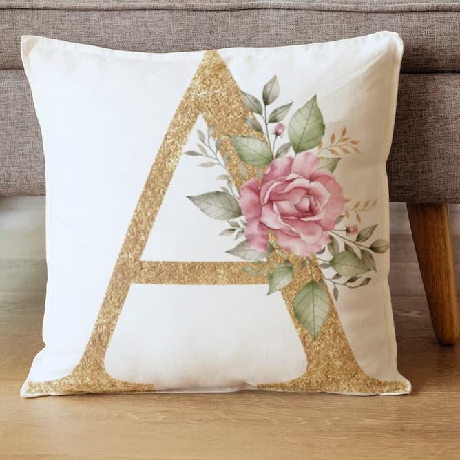 Capa de Almofada Rosas Dourado Glitter Alfabeto A-Z