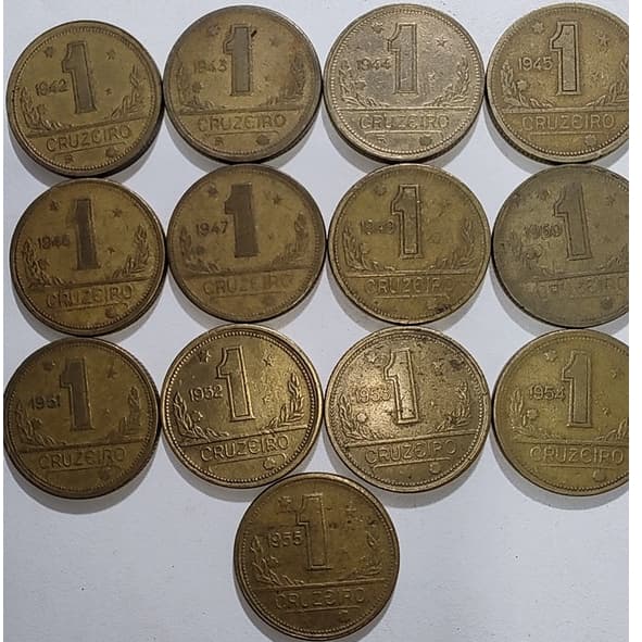 Moedas de 1 Cruzeiro de 1942, 1943, 1944, 1945, 1946, 1947, 1949, 1950, 1951, 1952, 1953, 1954, 1955 e 1956