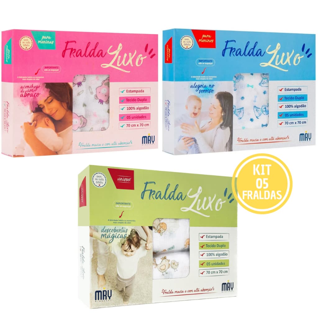 Fralda de Pano Bebê Luxo Tecido Duplo 100% Algodão Caixa C/ 5 Unidades Estampadas 70x70cm - Minasrey