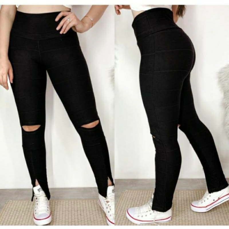 Calça Legging de Bandagem Grossa Sem Transparência com Abertura no Joelho e Ziper na Barra Cintura  Alta