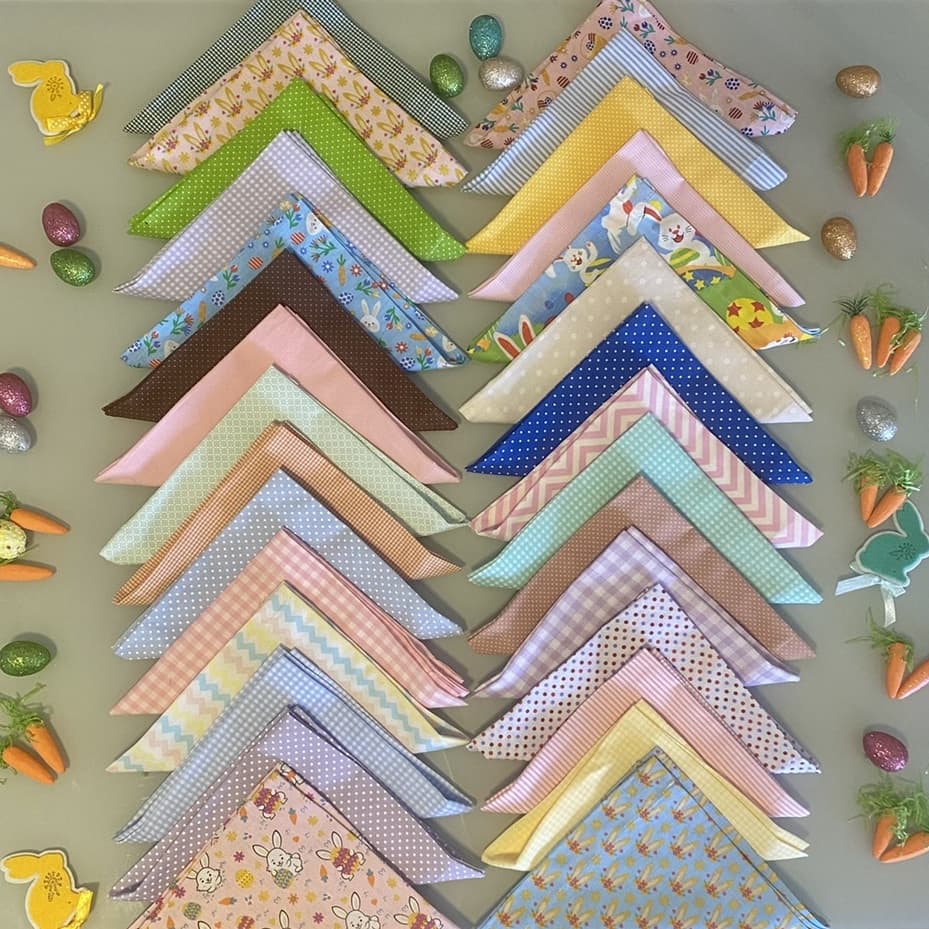 KIT COM 2 OU 6: Guardanapo de tricoline, de poá, xadrez, listras, Páscoa e outras estampas, azul, rosa, amarelo, verde