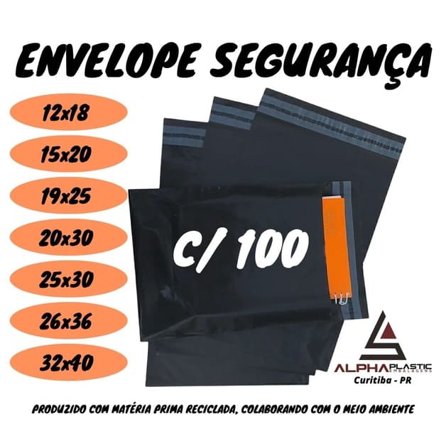 Kit 100 Envelope de Segurança Plástico Preto  12x18 15x20 19x25 20x30 20X40 20x50 25x30 25x50 26x36  32x40  36x40 40x40