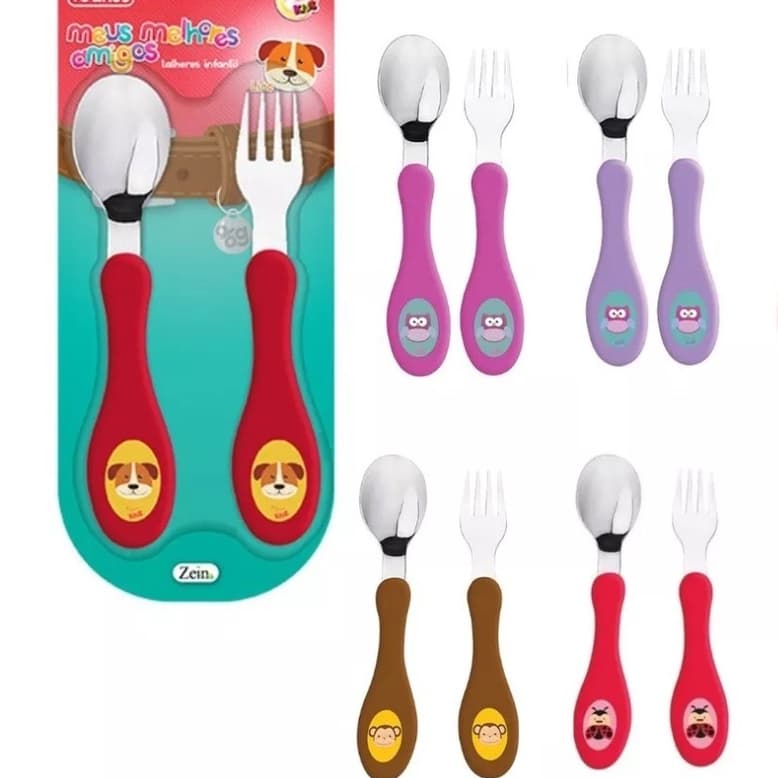Kit De Talher Infantil Bebe com Colher E Garfo Animais Em Inox  Não Machuca