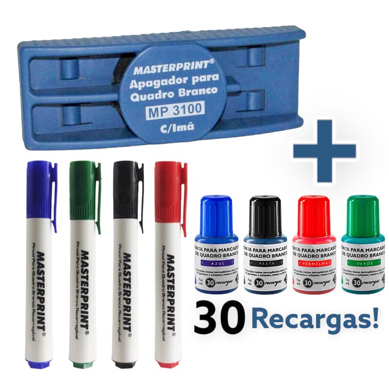 Kit Caneta Marcador Recarregável Para Quadro Branco 4 Pincel + Apagador + 4 Refil Tinta Para Marcador Quadro Branco