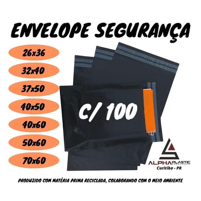 Kit 100 Envelope de Segurança Plástico Preto  26x36 / 32x40 / 37x50 / 40x40 / 40x50 / 40x60 / 50x60 / 70x60