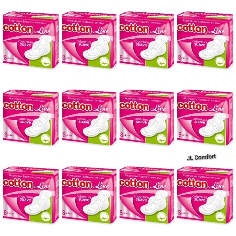 Kit Absorvente Cotton Line com Abas Cobertura Suave 12 pct com 8 unidades cada.