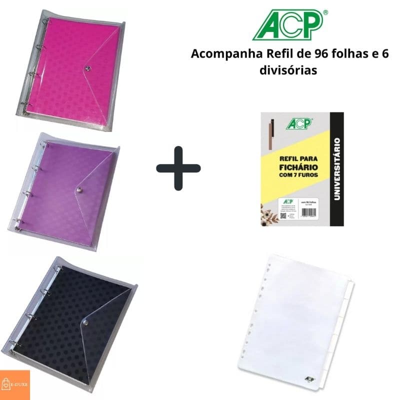 Fichário argolado Universitário com Botão Poa com bloco de folhas e divisórias ACP