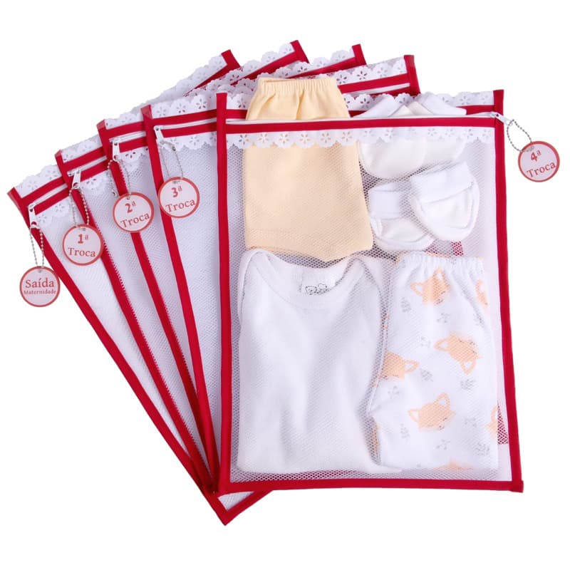 Kit c/ 5 Saquinhos Maternidade Organizadores para Bolsa Maternidade em TULE SUPER GROSSO + TAGS EM ACRÍLICO (ESCOLHA A COR)