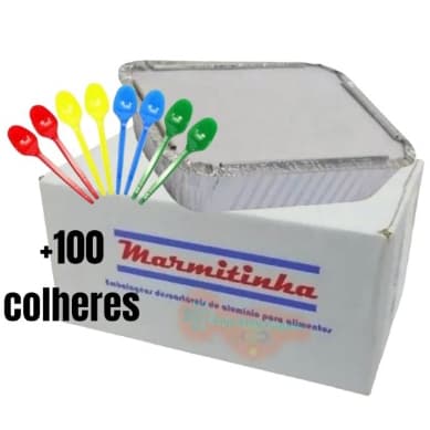 Kit Marmitinhas De Alumínio Descartável 220 ml+Colher Colorida Para Bolo Empada Festa-50 ou 100 Unid