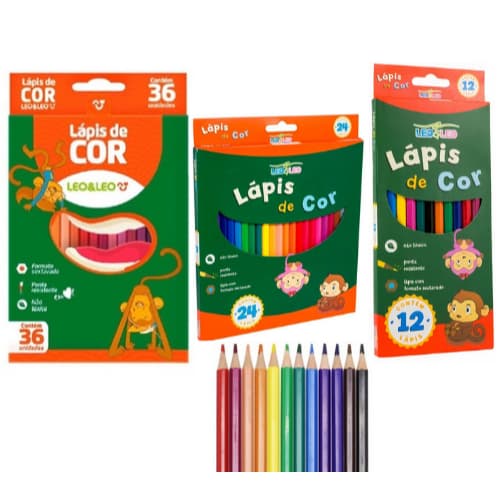 Lápis de Cor Caixa com 12 24 36 Cores Escolar Sextavado Leo&Leo