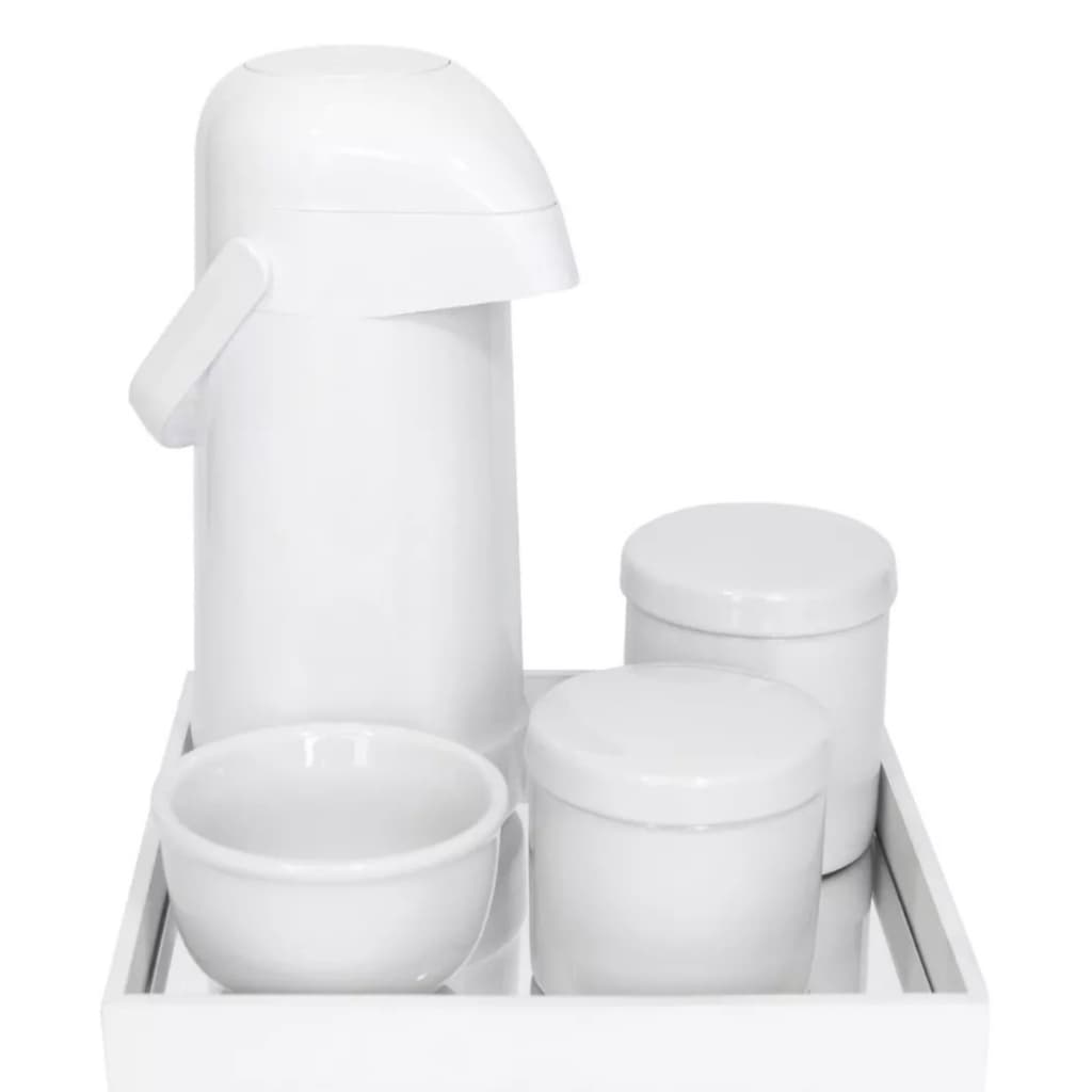 Kit Higiene Bebê Porcelana Potes Molhadeira Garrafa Térmica Pump e Bandeja Espelhada Branca