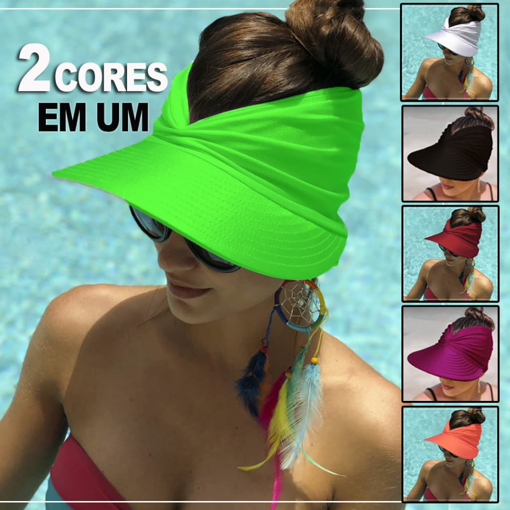 Viseira Feminina Turbante De Praia  Duas Cores Com Proteção Solar  Uv 50 Uvb Fps 50+ Viseira Piscina Dupla Face
