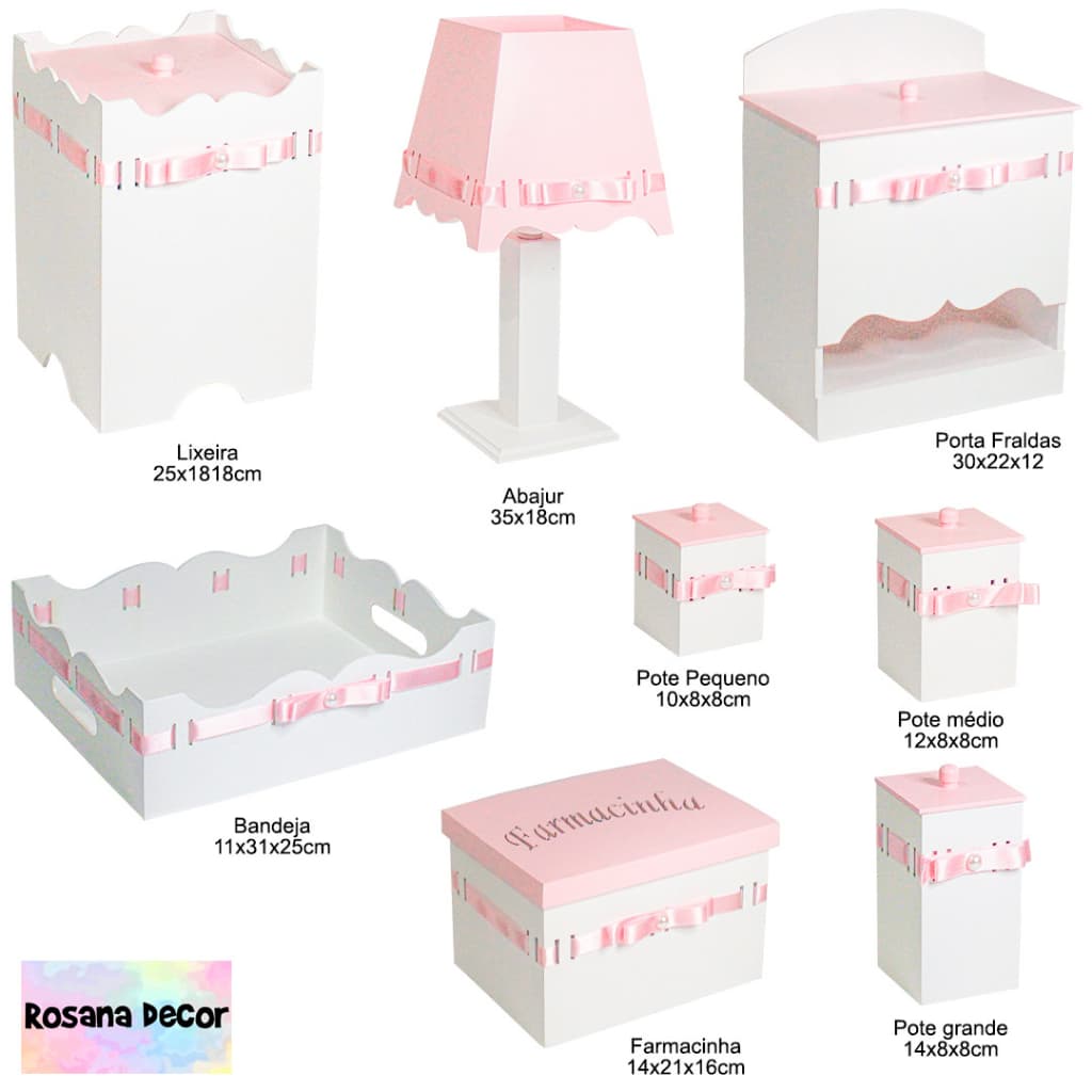 Kit Higiene para Bebê Rosa e branco com 8 Peças em MDF
