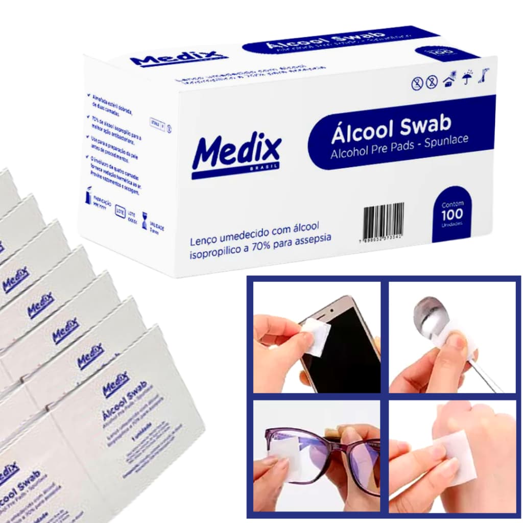 Álcool Swab Isopropílico Lenço Umedecido p/ Assepsia 100u Medix Lenço Umedecido Sachê Asséptico