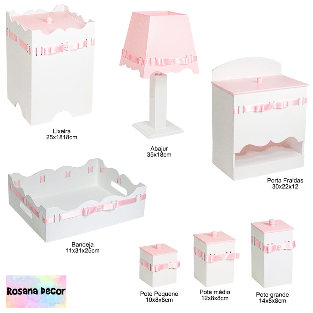 Kit Higiene para Bebê Rosa e branco com 7 Peças em Mdf