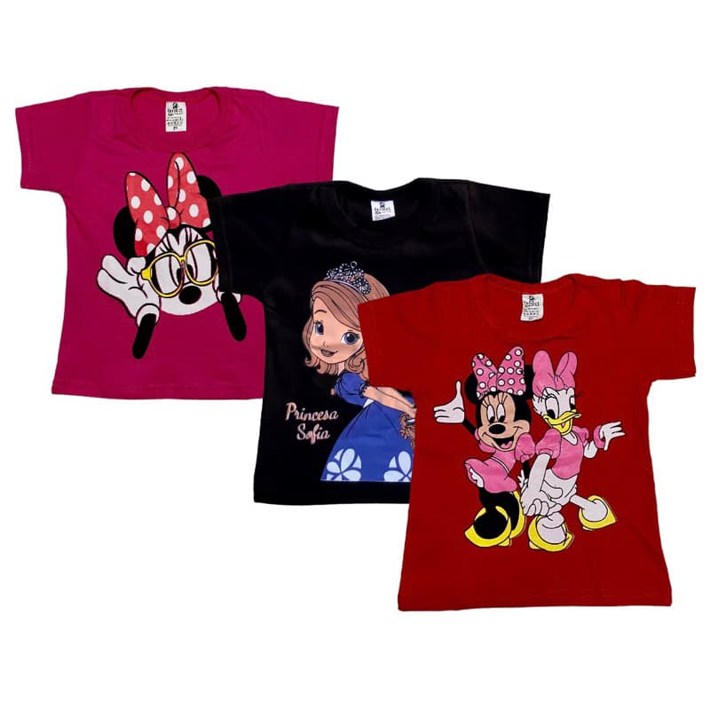 KIT 3 CAMISETAS CAMISAS BLUSAS INFANTIL MENINA FEMININO LUXO DE EXCELENTE QUALIDADE DE 1 A 10 ANOS