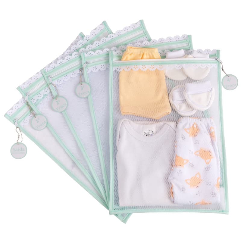 Kit c/ 5 Saquinhos Maternidade Organizadores para Bolsa Maternidade em TULE SUPER GROSSO + TAGS EM ACRÍLICO ( VERDE BEBÊ )