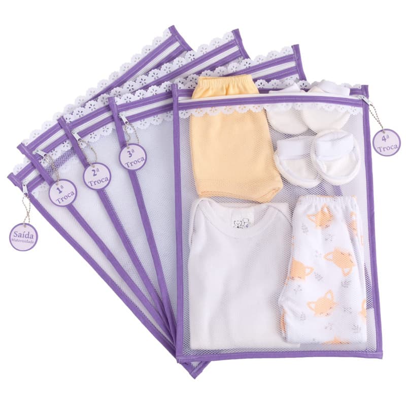 Kit c/ 5 Saquinhos Maternidade Organizadores para Bolsa Maternidade em TULE SUPER GROSSO + TAGS EM ACRÍLICO ( LILÁS )