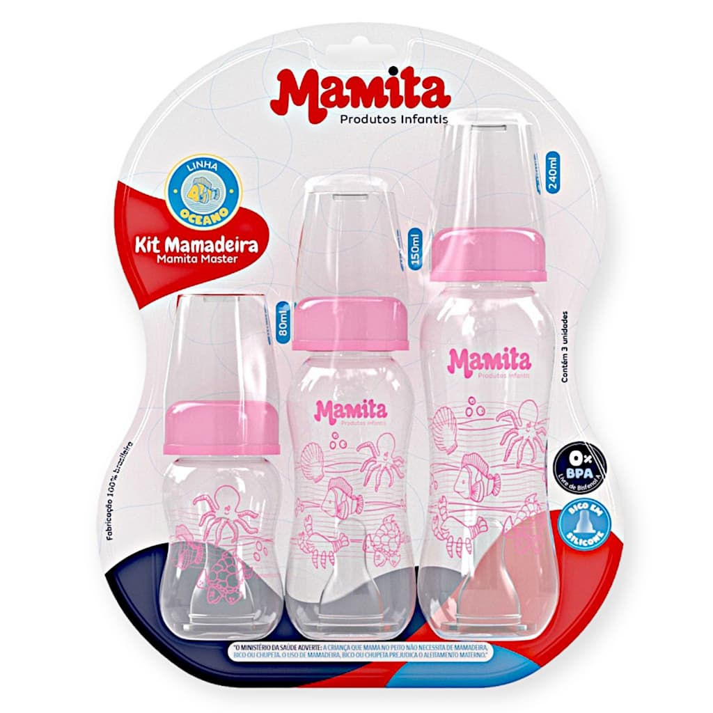 Conjunto 3 Mamadeiras Bico De Silicone Blister Bebê Presente Kit 3 Mamadeiras (80ml - 150ml - 240ml)