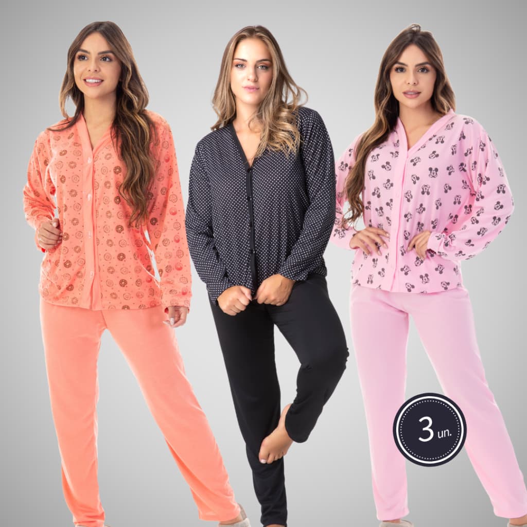 Kit 3 Pijamas Longo Sortido Estampado Conjunto Amamentação Maternidade Roupa De Dormir Botão Calça Manga Longa 332
