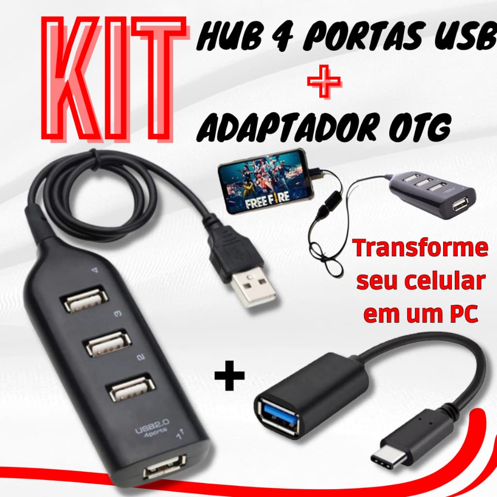 Adaptador Hub 4 Portas Usb 2.0 + Cabo Otg Micro Usb V8 / Usb Tipo-C Otg Para Celular Macbook notebook