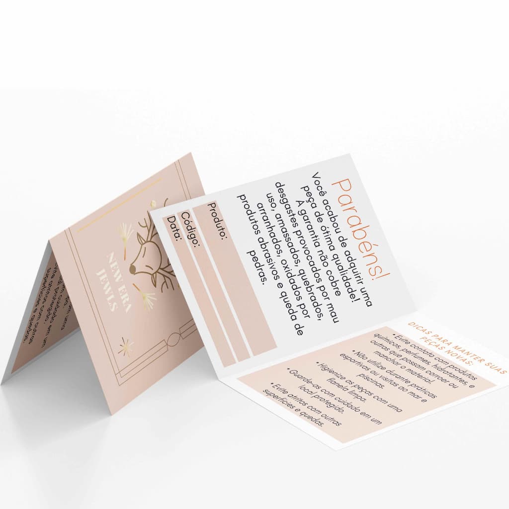 Termo Cartões de Garantia Semijoias + Cuidados Com sua Joia (9x5cm) Duplo livro 30,50 ou 100 unidade